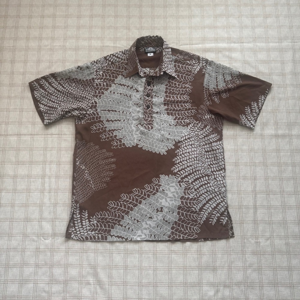 Manuhealii Mens Hawaiian Shirt M Brown Grey Fern Leaf Print Short Sleeve Aloha